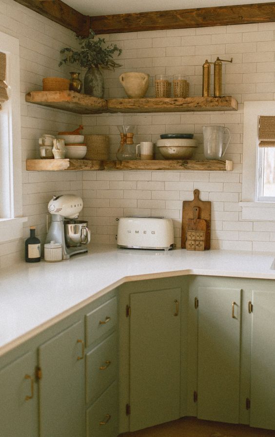 corner wooden shelving in kitchen