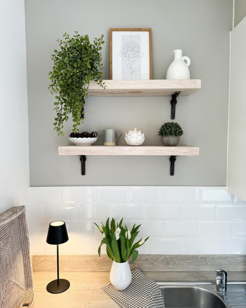 20 Kitchen Shelf Decor Ideas You'll Want To Try Right Now 17 minimal kitchen shelf decor with green plant