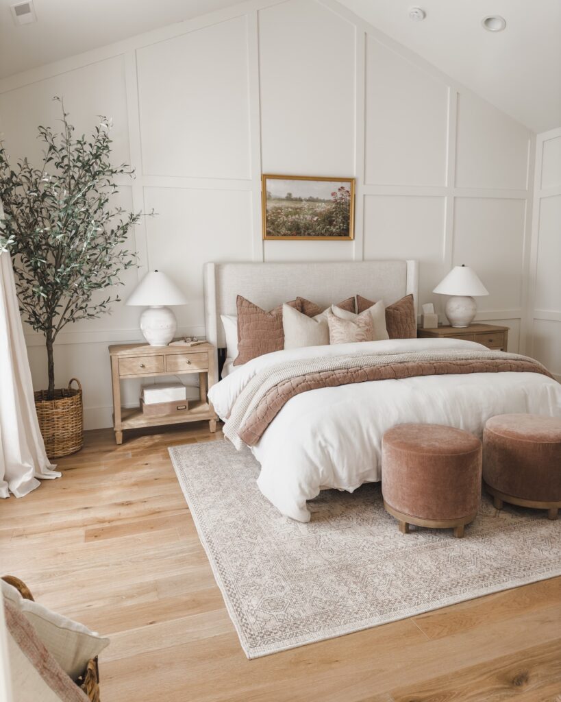 17 Stunning White Bedroom Ideas For A Minimal and Clean Aesthetic 12 white bed frame with velvet brown pillows