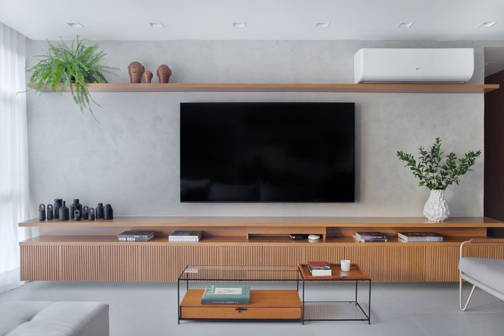 18 Minimal Beige Living Room Ideas 31 Lengthy Wooden TV Stand