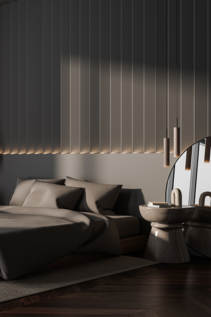 5.Monochromatic Gray Organic Modern Bedroom with Marble Accents 1